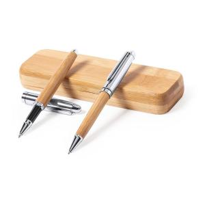 Bambusowy zestaw piśmienny, długopis i pióro kulkowe - V9348-18