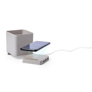 Ładowarka bezprzewodowa 5W ze słomy pszenicznej, hub USB 2.0, pojemnik na przybory do pisania, stojak na telefon - V0116-00