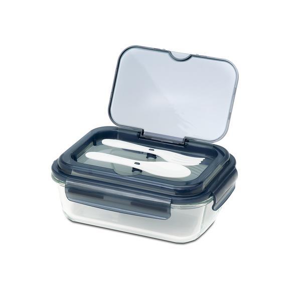 Szklany lunch box ze sztućcami 1000 ml Lagos, czarny-1638800