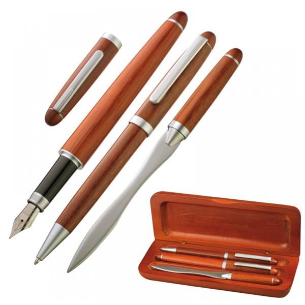 3-częściowy drewniany zestaw z długopisem, wiecznym piórem i otwieraczem do listów-1834716
