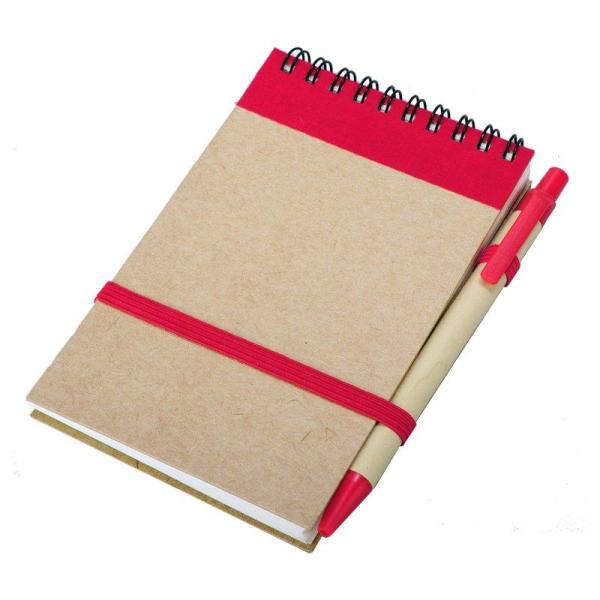 Notes Kraft 90x140/70k gładki z długopisem, czerwony/beżowy-1634810