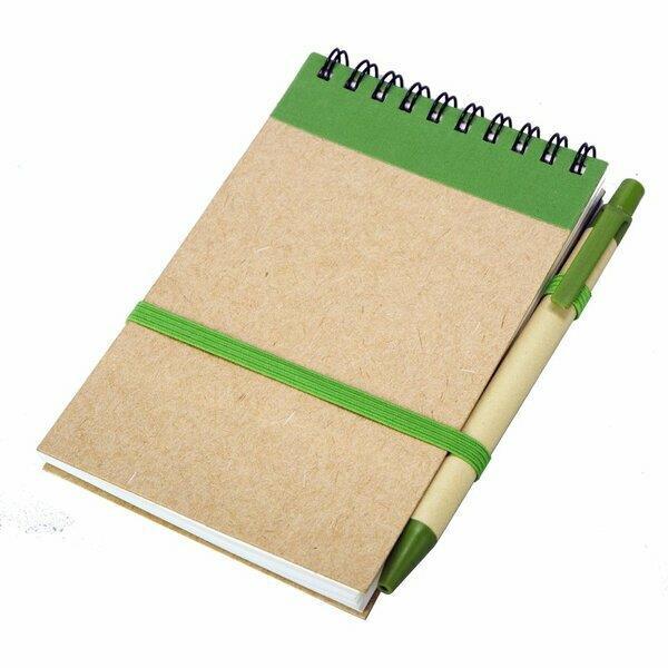 Notes Kraft 90x140/70k gładki z długopisem, zielony/beżowy-1634805